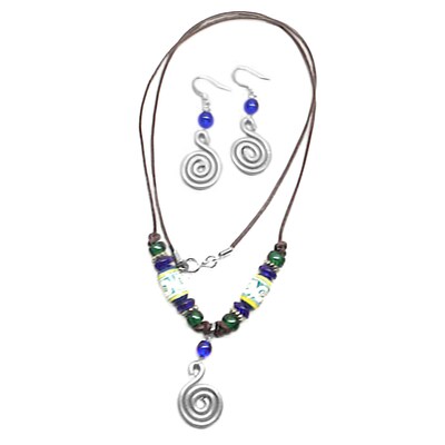 Aluminum Spiral Leather Necklace Peruvian Ceramic Green Blue White and Matching Earrings - image1